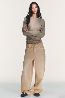 ZARA ФУТБОЛКА С ДРАПИРОВКОЙ, СЕРОВАТО-КОРИЧНЕВЫЙ