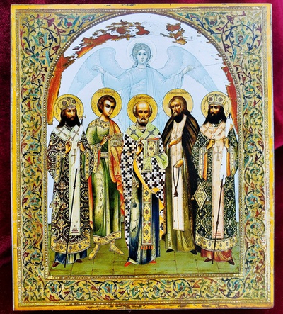 Икона святой Николай Чудотворец с Ангелом Хранителем и святыми на дереве на левкасе