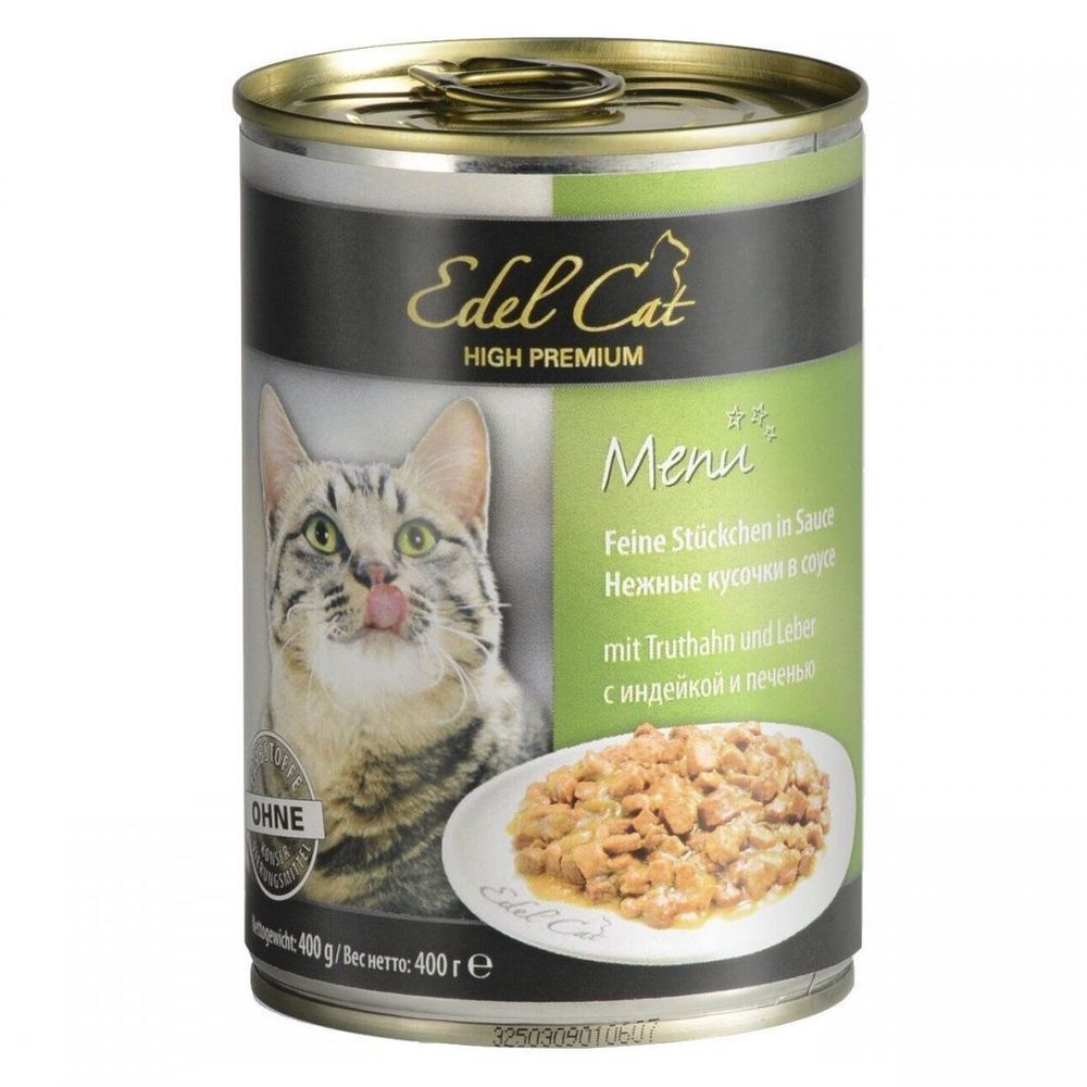 Влажный корм Edel Cat для кошек, Нежные кусочки с индейкой и печенью в соусе, банка 400г