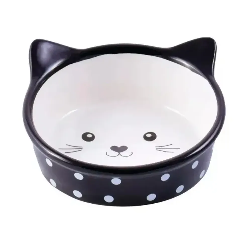 Миска керамическая КерамикАрт для кошек, 250мл Мордочка кошки черная в горошек