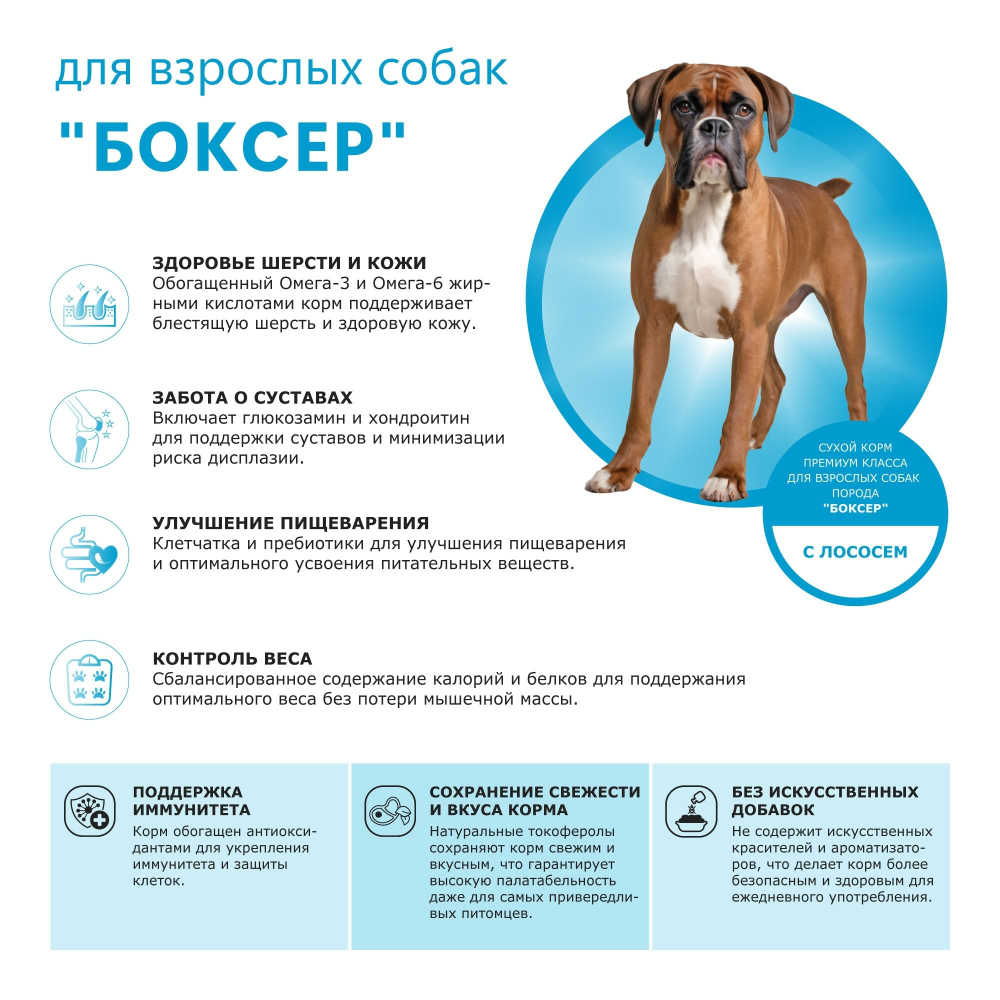 Корм сухой для взрослых собак породы Боксер, премиум полнорационный комплекс, с лососем, 12 кг, QUATTRO