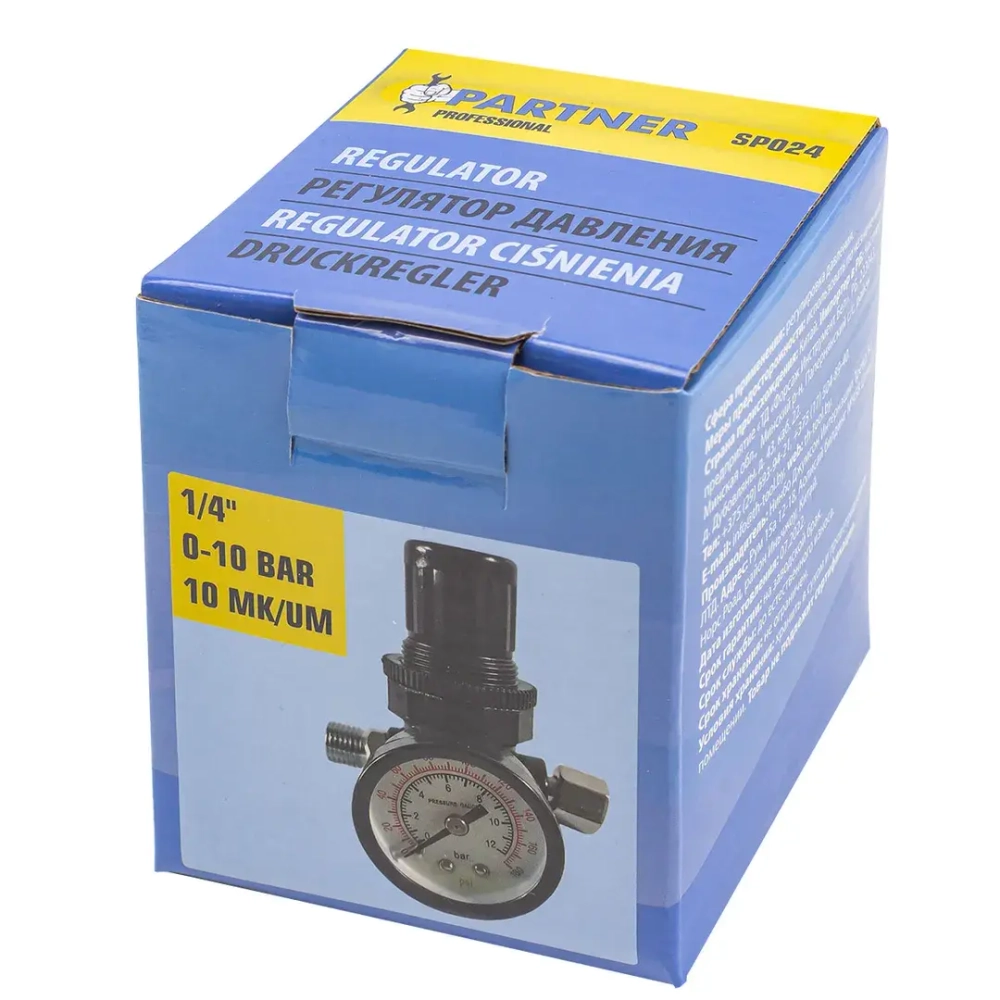 Регулятор давления воздуха 1/4''(F)x1/4''(M)+б/с поворотный(0-10bar,раб. температура 5°-60°) Partner SP024