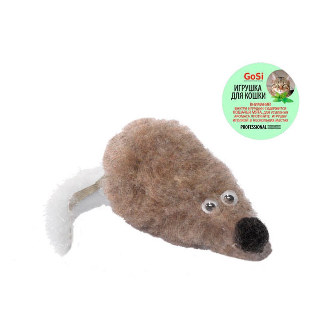 Игрушка Мышь с мятой серый мех с хвостом из нат. норки GoSi этикетка кружок sh-07150