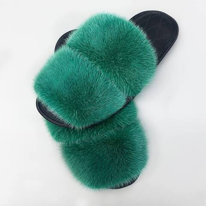 Тапочки для дома из норки | Стелька кожа | Зеленый