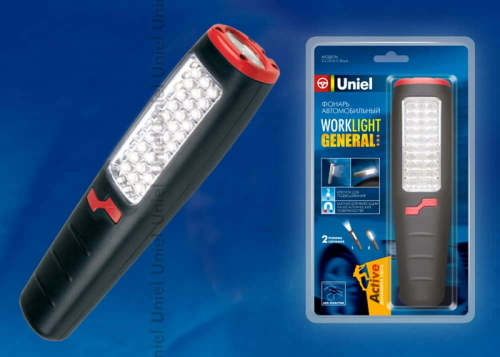 S-CL015-C Black Фонарь Uniel серии Стандарт «Work light – General», прорезиненный корпус, 30+7 LED, упаковка - кламшелл, 3хAA н/к, цвет – черный