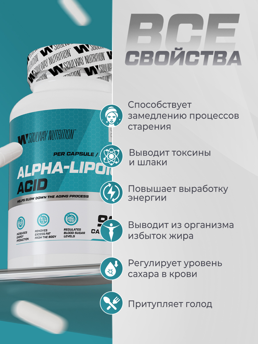Альфа Липоевая кислота / Alpha Lipoic 100 мг, бады для похудения и детокса, витамины для женщин и мужчин, 90 капсул