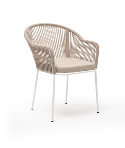 "Лион" стул плетеный из роупа, каркас из стали белый муар, роуп бежевый круглый, ткань бежевая