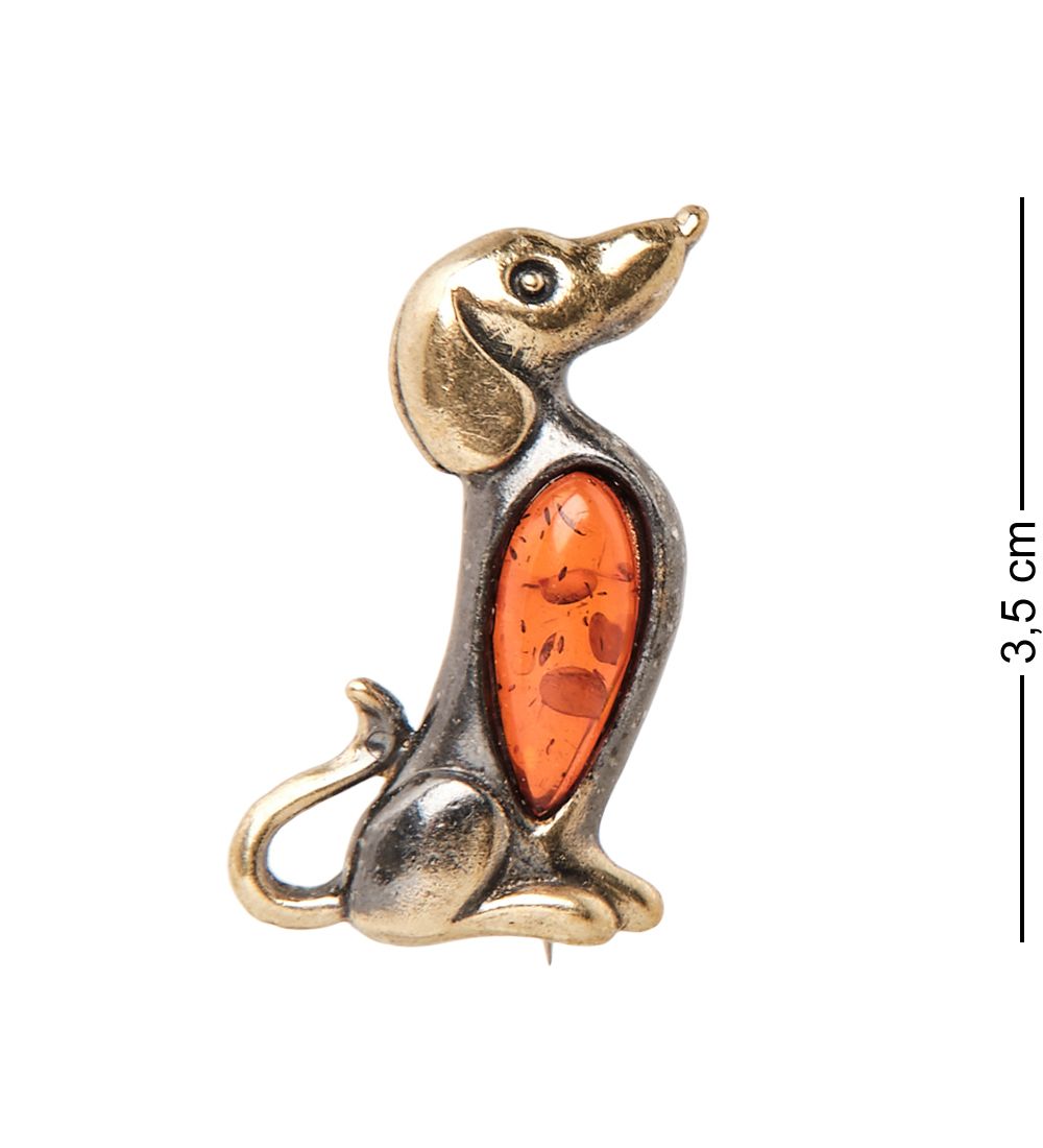 AM-2535 Брошь «Собака Таксюля» (латунь, янтарь)
