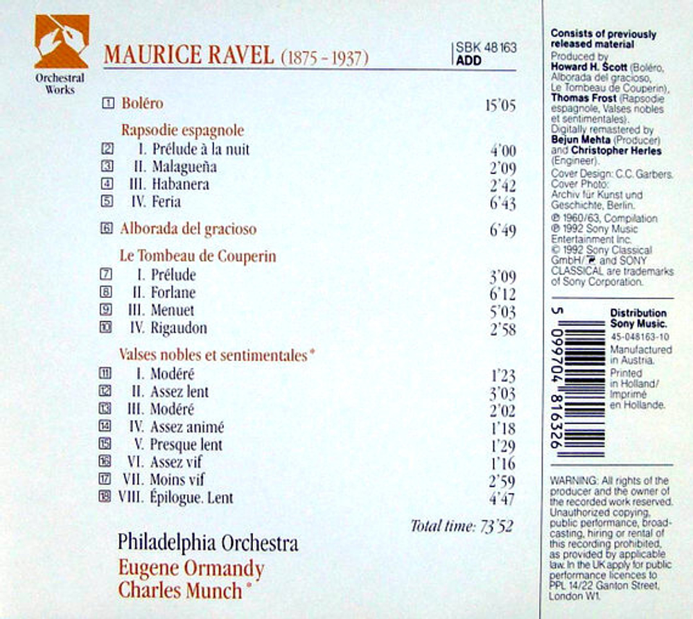 Philadelphia Orchestra, Eugene Ormandy, Charles Munch / Maurice Ravel: Bolero, Rapsodie Espagnole, Alborada Del Gracioso, Le Tombeau De Couperin, Valses Nobles Et Sentimentales (CD)