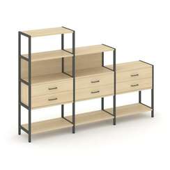 Shelf System Трехсекционный стеллаж четырех/трех/двухярусный с ящиками SN.STM-431 Акация Лорка/Метал