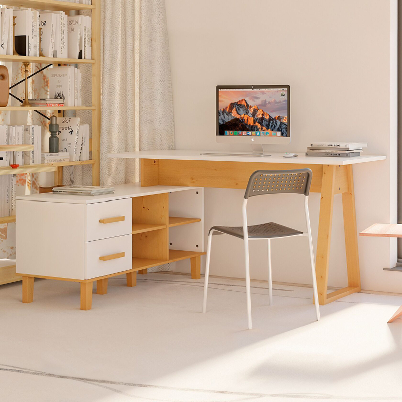 Стол письменный угловой Вест 158х130х77 см, белый, с 2 ящиками и полками, на ножках из массива сосны