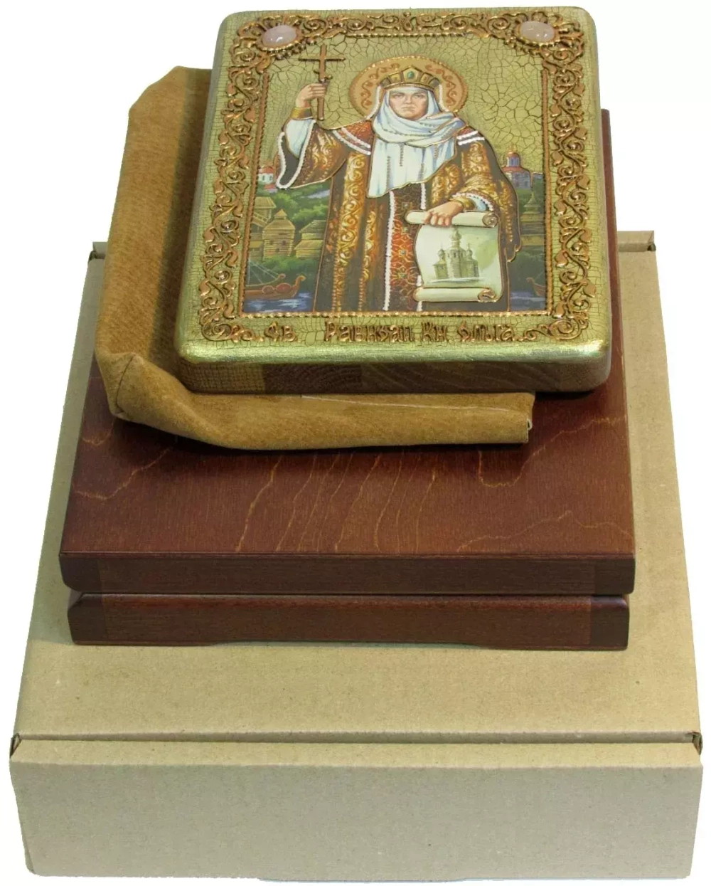 Инкрустированная икона Святая Равноапостольная княгиня Ольга 20х15см на натуральном дереве в подарочной коробке