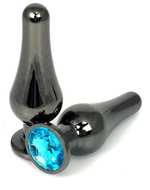 Черная удлиненная анальная пробка с голубым кристаллом - 11,5 см. (Цвет: голубой)