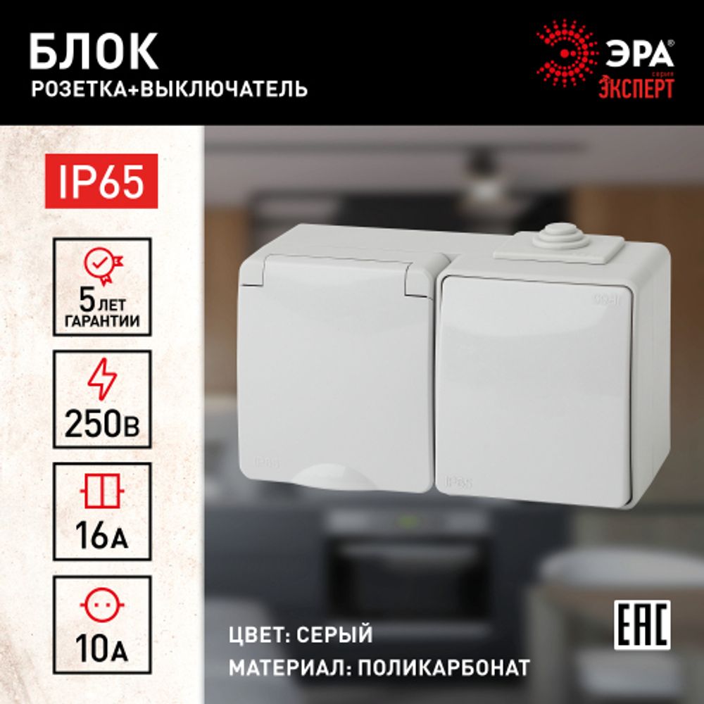 11-7601-03 ЭРА Блок розетка+выкл. гориз. IP65, 16A(10AX)-250В, ОУ, Эра Эксперт, серый