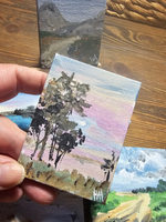 Миниатюра акрилом на холсте 6х8см "Розовый закат" с мольбертом, авторская ручная работа