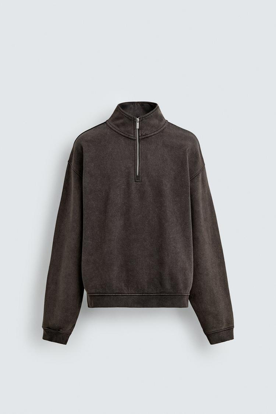ZARA ТОЛСТОВКА С ЭФФЕКТОМ ПОТЕРТОСТИ И ВОРОТНИКОМ НА МОЛНИИ, КОРИЧНЕВЫЙ