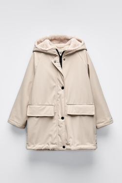 ZARA ПРОРЕЗИНЕННАЯ КУРТКА НА ПОДКЛАДКЕ ИЗ ИСКУССТВЕННОГО МЕХА, СЛОНОВАЯ КОСТЬ