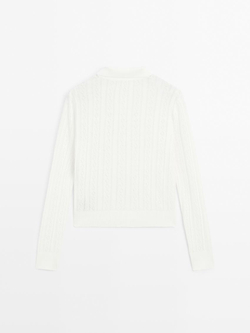 Massimo Dutti Трикотажный свитер из смесового хлопка с воротником поло, натуральный, кремовый