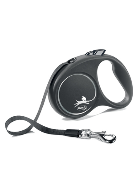 Поводок-рулетка Flexi Black Design S. Лента 5 м. для собак до 15 кг. Серебряный