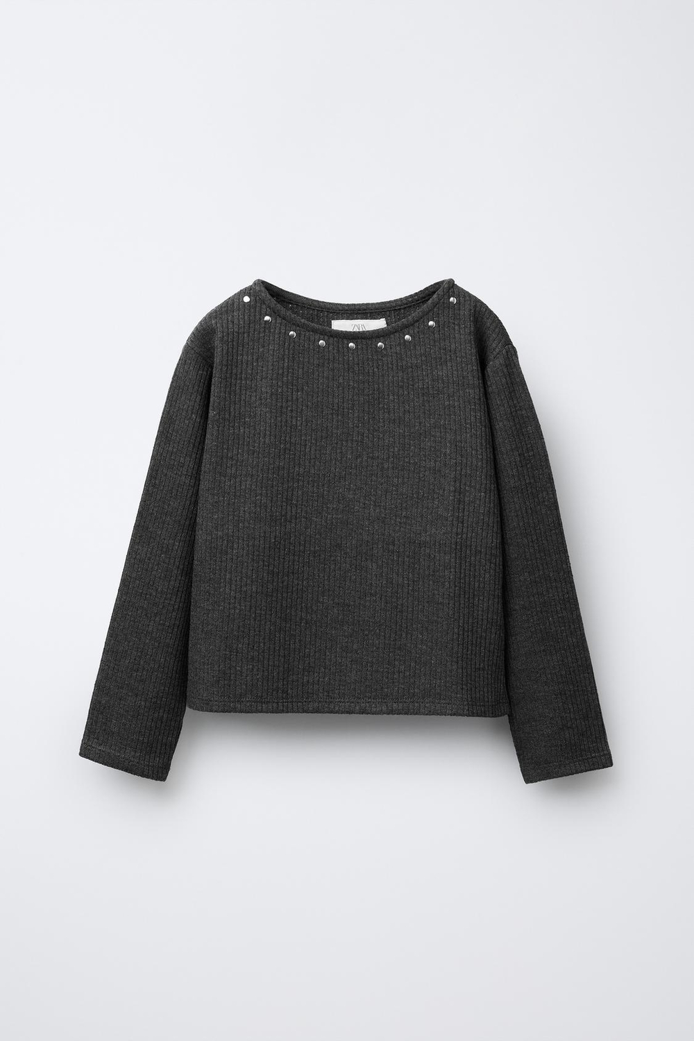 ZARA ФУТБОЛКА В РУБЧИК С ЗАКЛЕПКАМИ, СЕРЫЙ МЕЛАНЖ