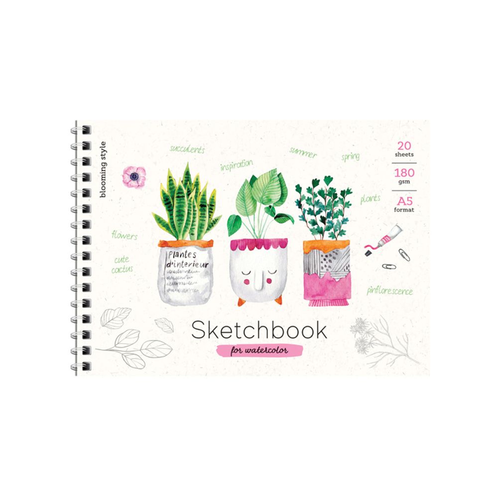 Скетчбук А5, 20л, на гребне, пл. 180гр, белая бумага, Спейс Cute plants