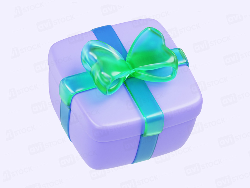 Lilac box with holographic green-blue bow and ribbon, 3D PNG illustration for festive design.