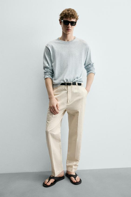 ZARA ПРЯМЫЕ БРЮКИ ЧИНОС ИЗ ХЛОПКА И ЛЬНА, ПЕСОЧНЫЙ