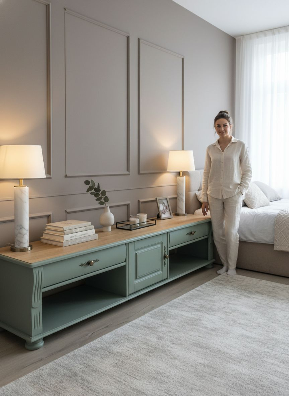 Тумба под телевизор 180х47х40, Susanna, с ящиками и полками, массив сосны, зелёный, Dipriz