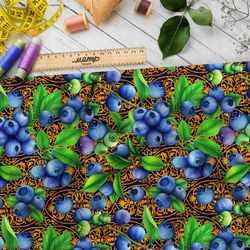 Ткань кулирная гладь спелая черника хохломой на фоне