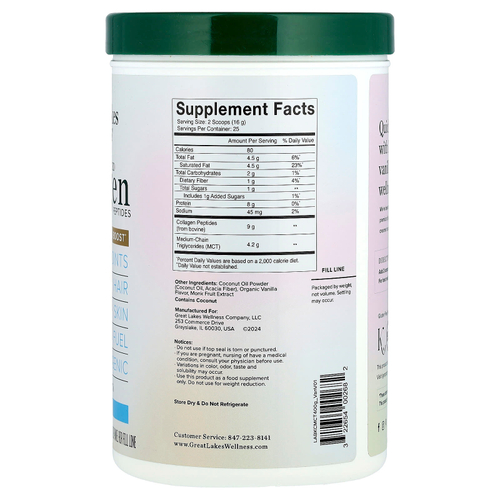 Great Lakes Wellness, улучшенные пептиды коллагена, с ванильным вкусом, 400 г (14,1 унции)