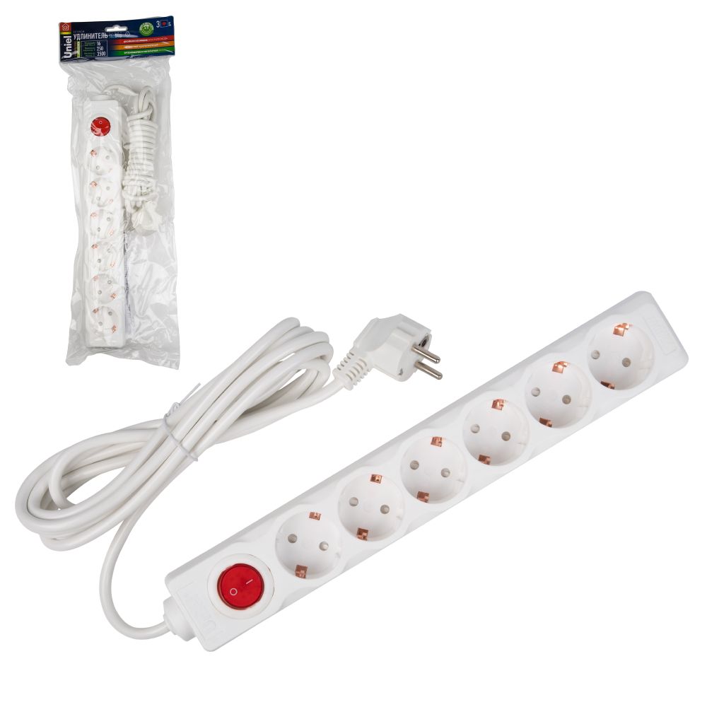 S-GCD6-3B Удлинитель Uniel серии Стандарт. с-з. 6 гн.. шнур 3 м. выкл.