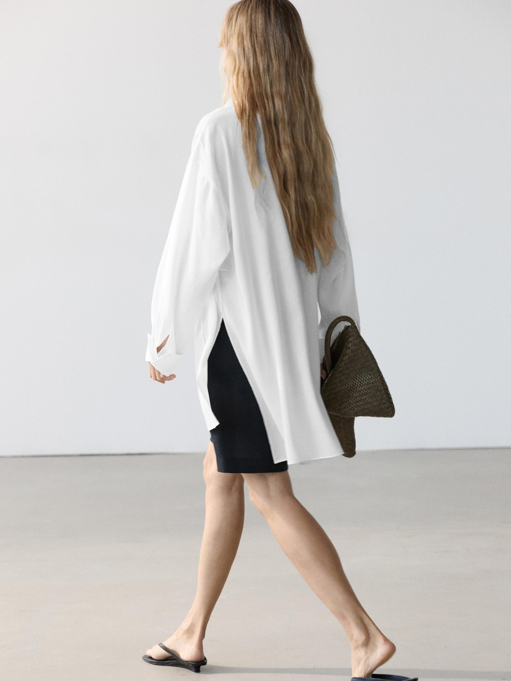 Massimo Dutti Льняная рубашка свободного кроя с воротником-стойкой, белый