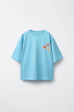 ZARA ФУТБОЛКА ИЗ ТКАНИ С ПРИНТОМ, ЯРКО-СИНИЙ