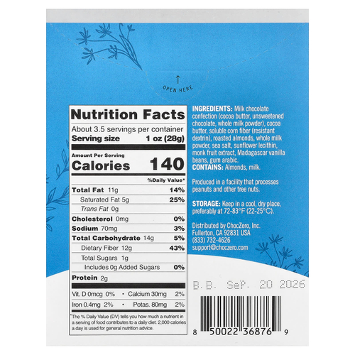 ChocZero, Премиальный шоколад, миндаль в двойном погружении, молочный ирис, 100 г (3,5 унции)