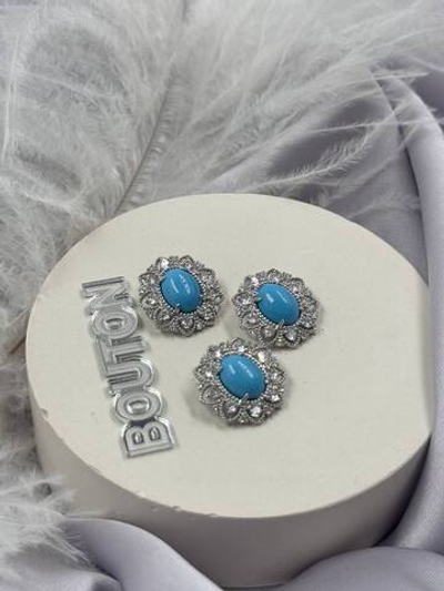 Пуговицы серебристые в форме цветка с горным хрусталем и голубым (бирюзовым) камнем