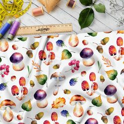 Ткань флис крупные грибы и брусника на белом фоне