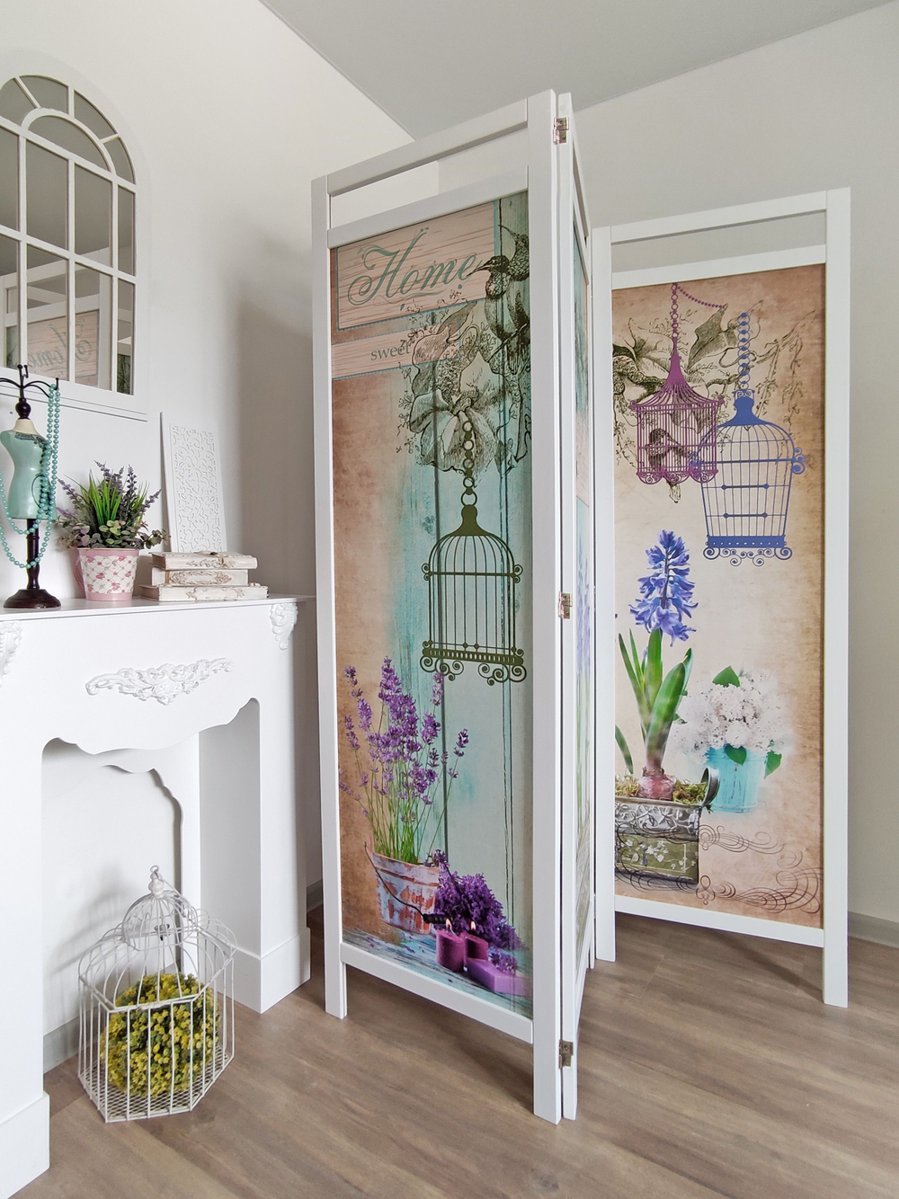 Ширма - перегородка для зонирования пространства деревянная с картинкой с обеих сторон "Райские птички", 3 створки, 480*1800 мм