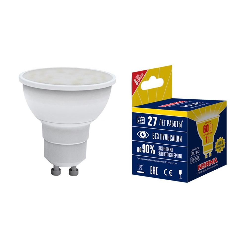 LED-JCDR-7W-WW-GU10-NR Лампа светодиодная. Форма JCDR. матовая. Серия Norma. Теплый белый свет 3000K. Картон. ТМ Volpe