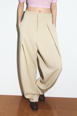 ZARA БРЮКИ BALLOON С ЗАЩИПАМИ, БЕЖЕВЫЙ