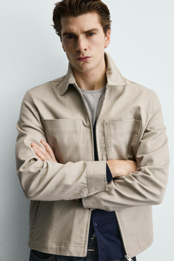ZARA КУРТКА-РУБАШКА REGULAR FIT С КАРМАНАМИ, БЕЖЕВЫЙ