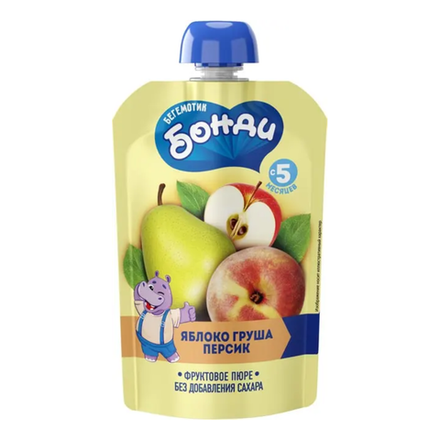 Пюре фруктовое БЕГЕМОТИК БОНДИ Яблоко, груша, персик (ДПак) 90г
