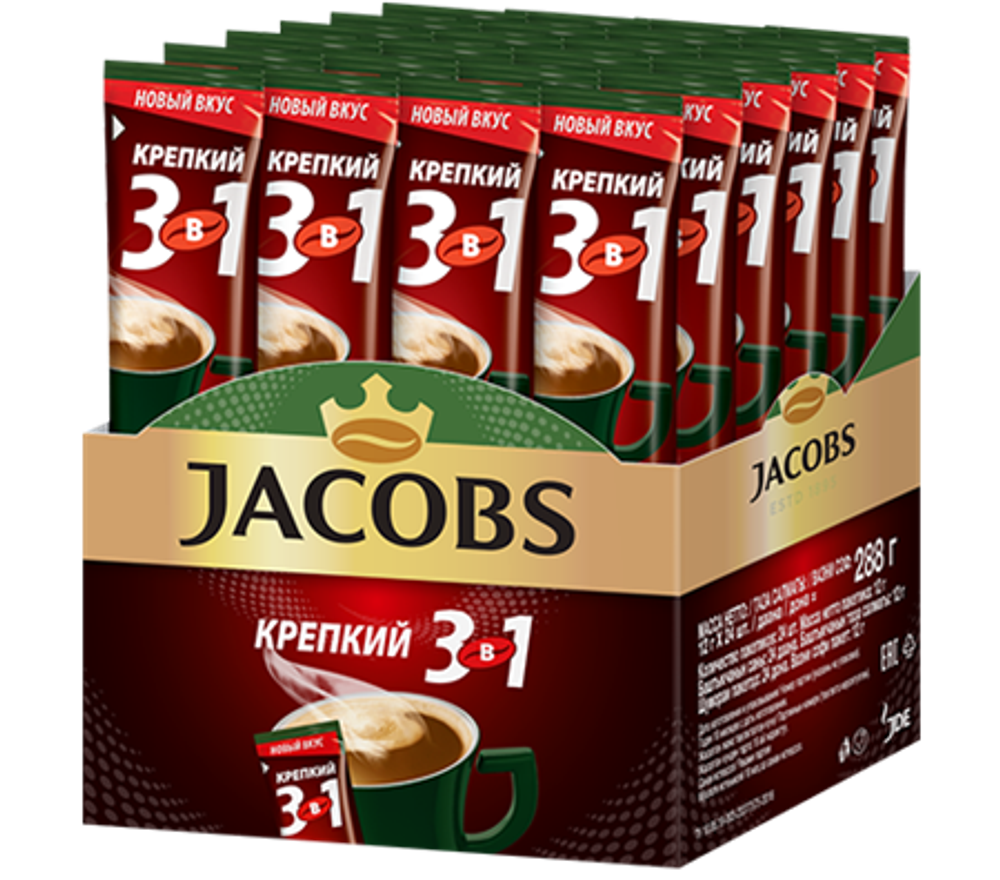 Растворимый кофе Jacobs 3 в 1 Крепкий, в стиках, 24 шт