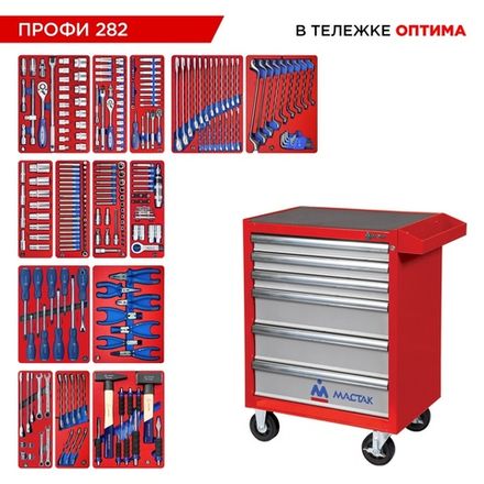 Цена на МАСТАК (52-06282R) Набор инструментов 282 предмета, "ПРОФИ 282", в красной тележке