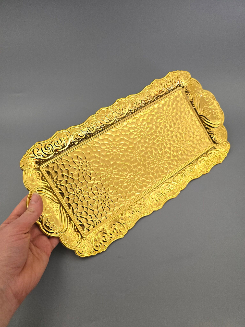 Поднос прямоугольный декоративный 35*18 "Цветок" металлический /ACAR. Турция (серебристый)