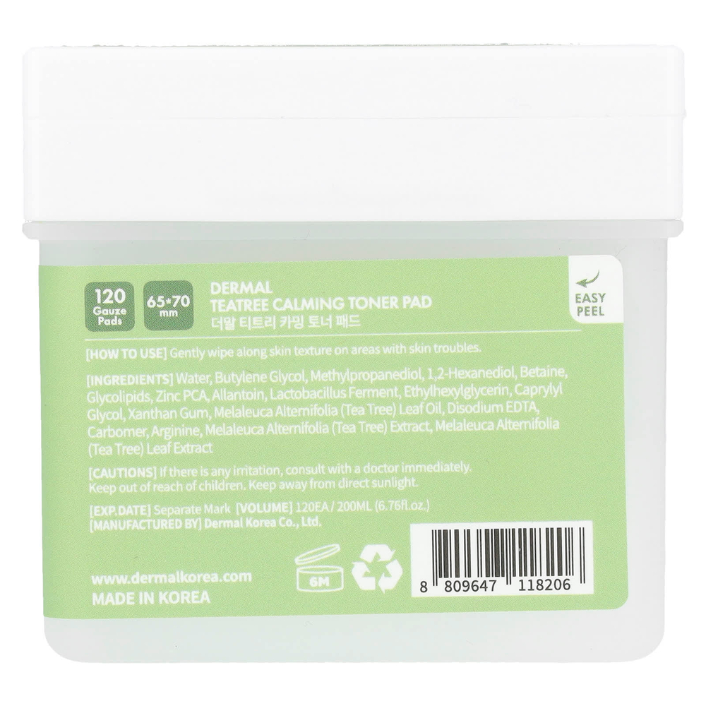Dermal, Teatree Calming Toner Pad, 120 марлевых салфеток