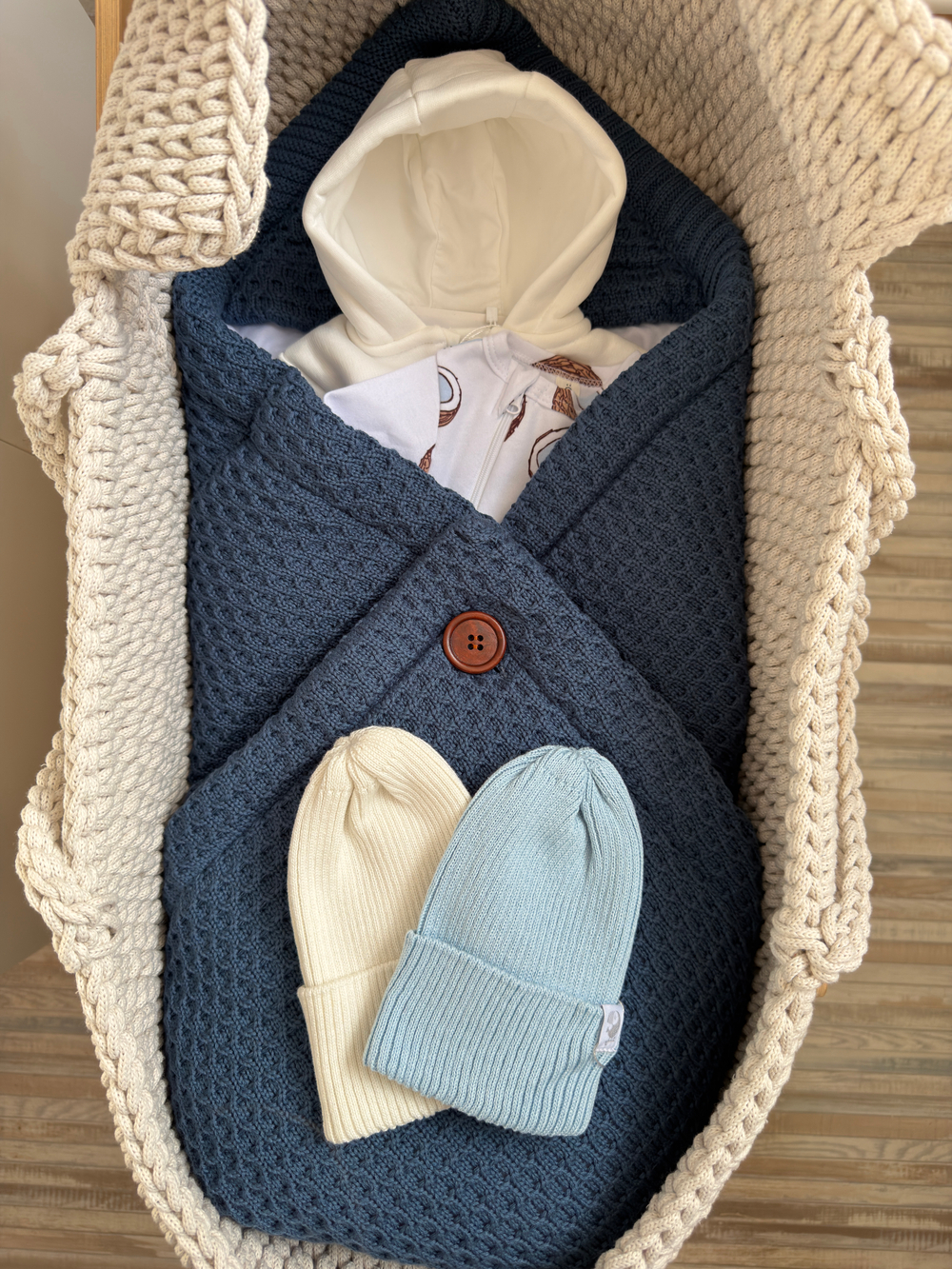 Конверт-плед 2в1 вязаный демисезон синий