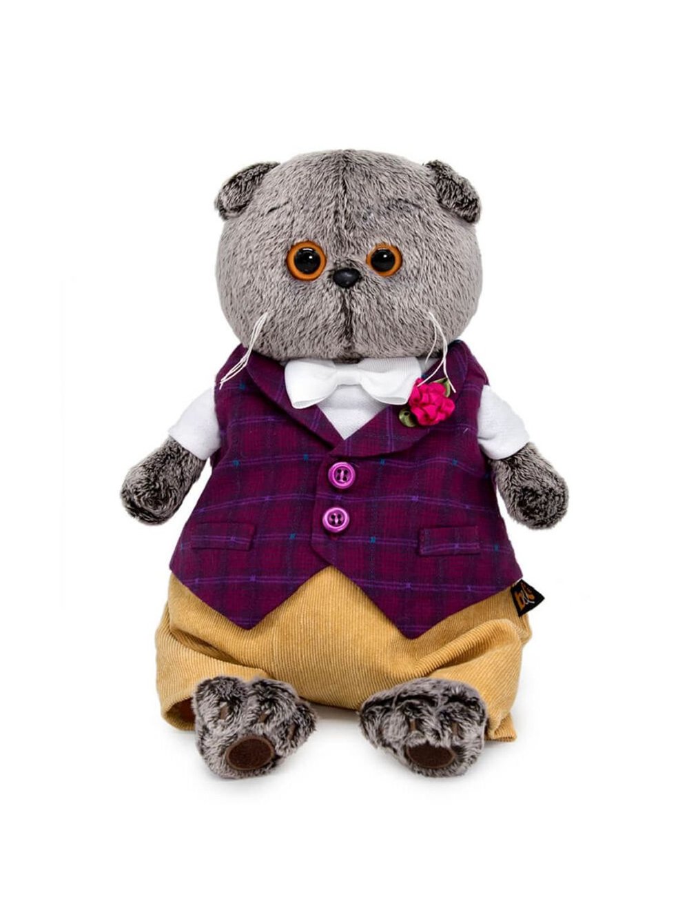 Мягкая игрушка Басик в бордовом жилете с розочкой 30см