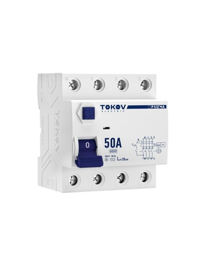 Выключатель дифференциального тока (УЗО) 4п (3P+N) 50А 30мА тип AC 6кА PRIZMA TOKOV ELECTRIC TKE-PZ60-RCDM-4-50-30-AC