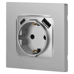 Розетка ЭРА Серия 12 12-4108-03 2P+E 16A-250В со шторками с USB type-A+C 5В-3А алюминий