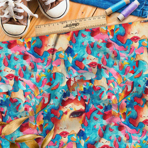 Ткань штапель загадочная девушка в разноцветных лепестках